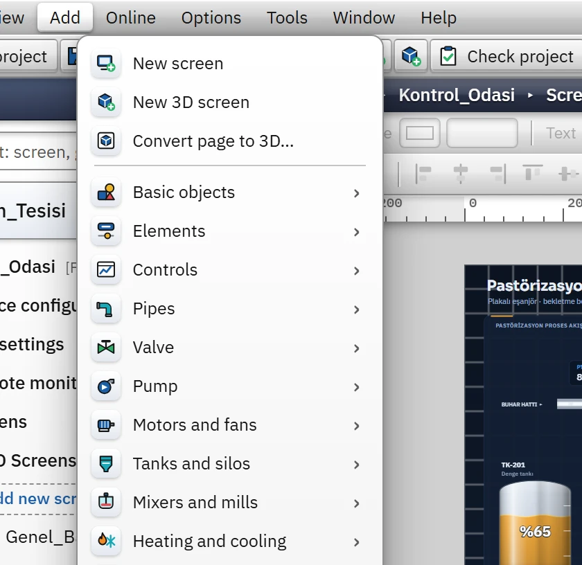 Add menu (when the screen editor is open): new screen commands and object groups.