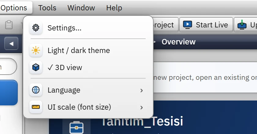 Options menu: settings, theme, 3D view, language and scale.