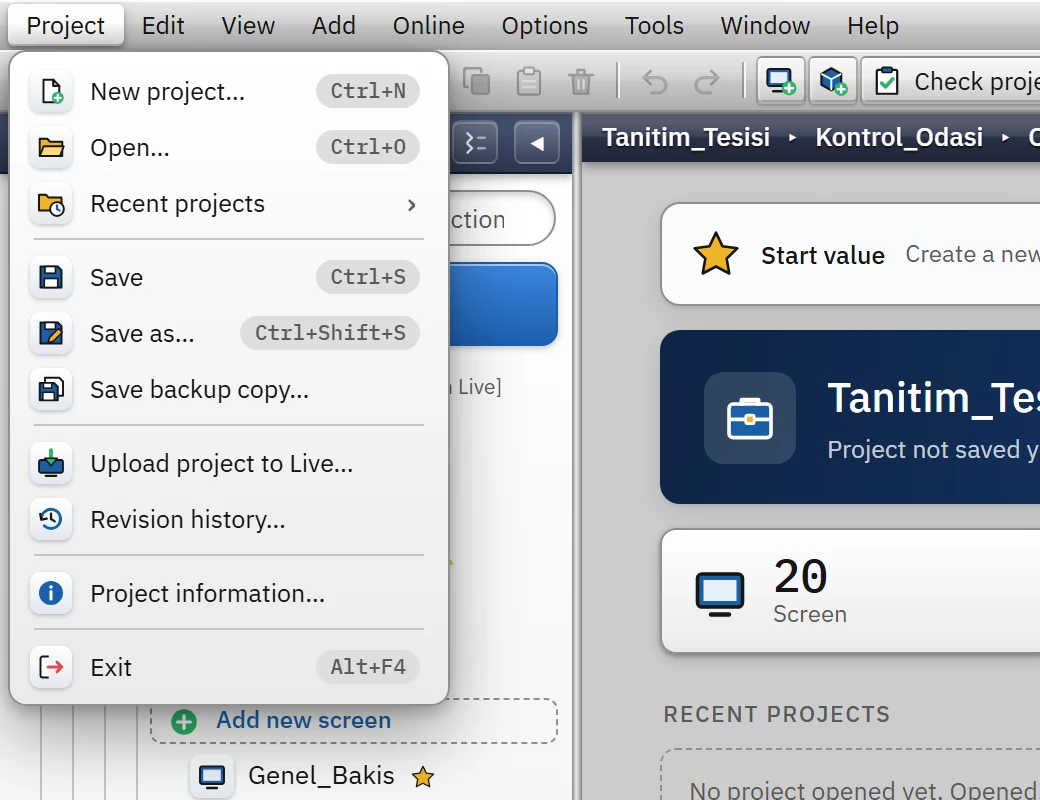 Project menu: file operations, backup, upload to Live and version history.
