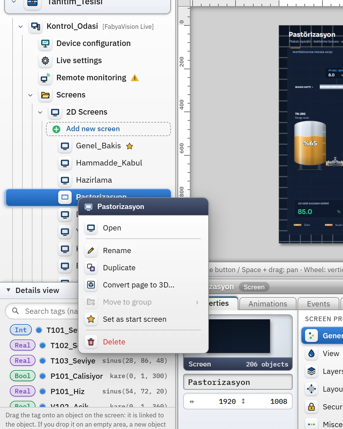 The right-click menu of a screen node.