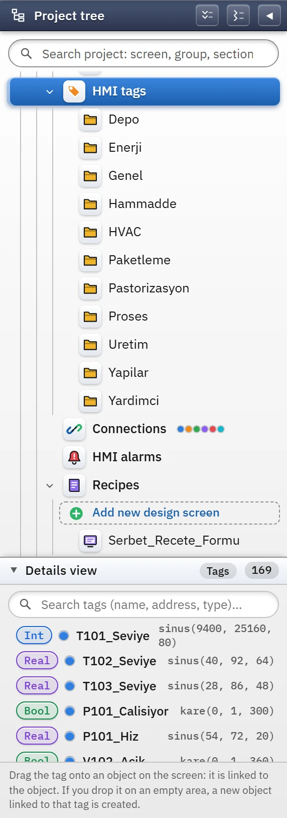Groups under HMI tags: Process, Packaging, HVAC …