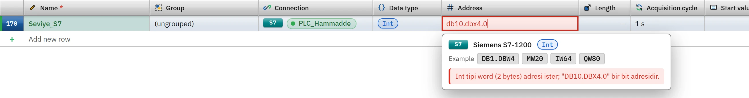 While an address cell is being edited, the examples of the driver and the reason for the error are shown; an invalid address is not accepted with Enter.