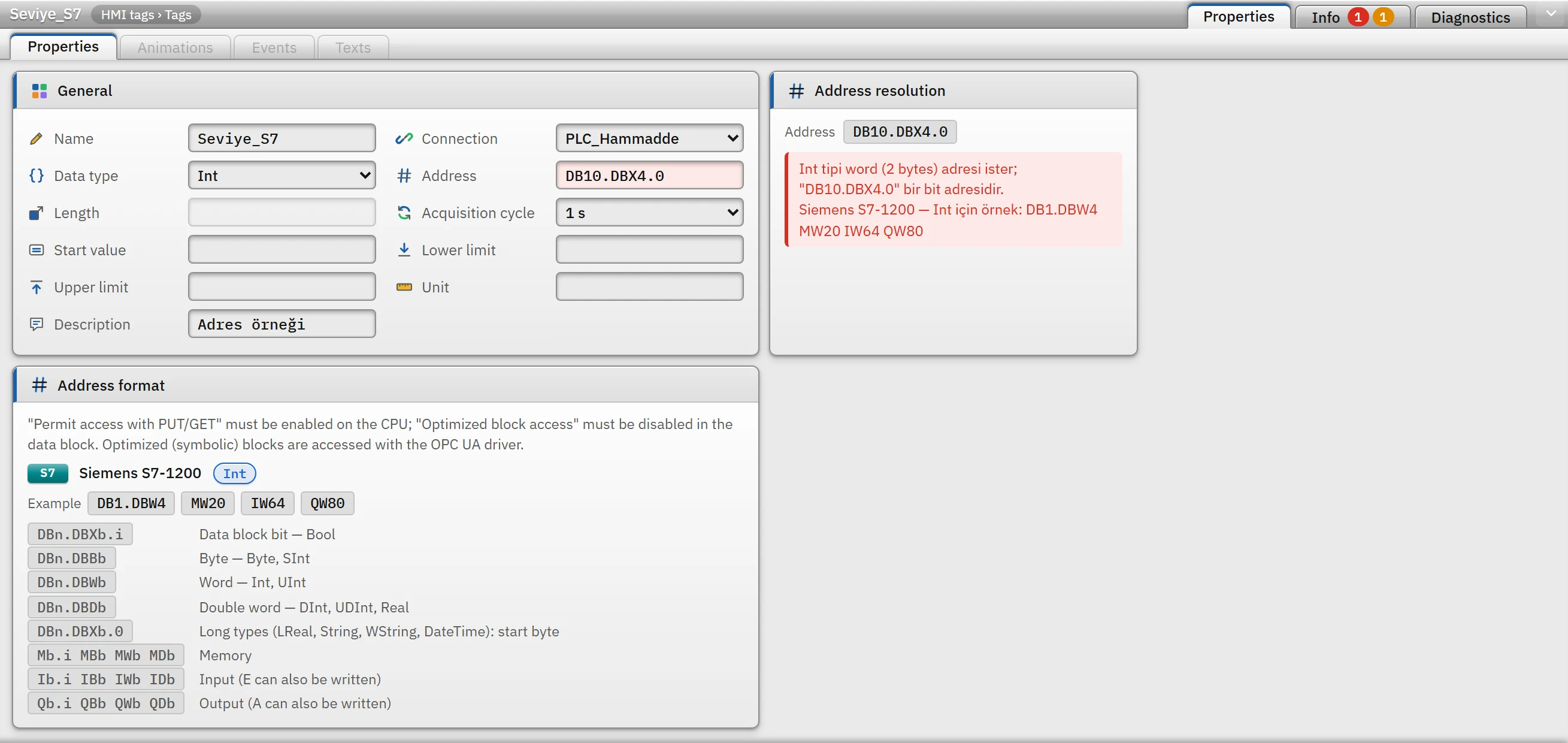 The Address resolution and Address format cards of the selected tag.