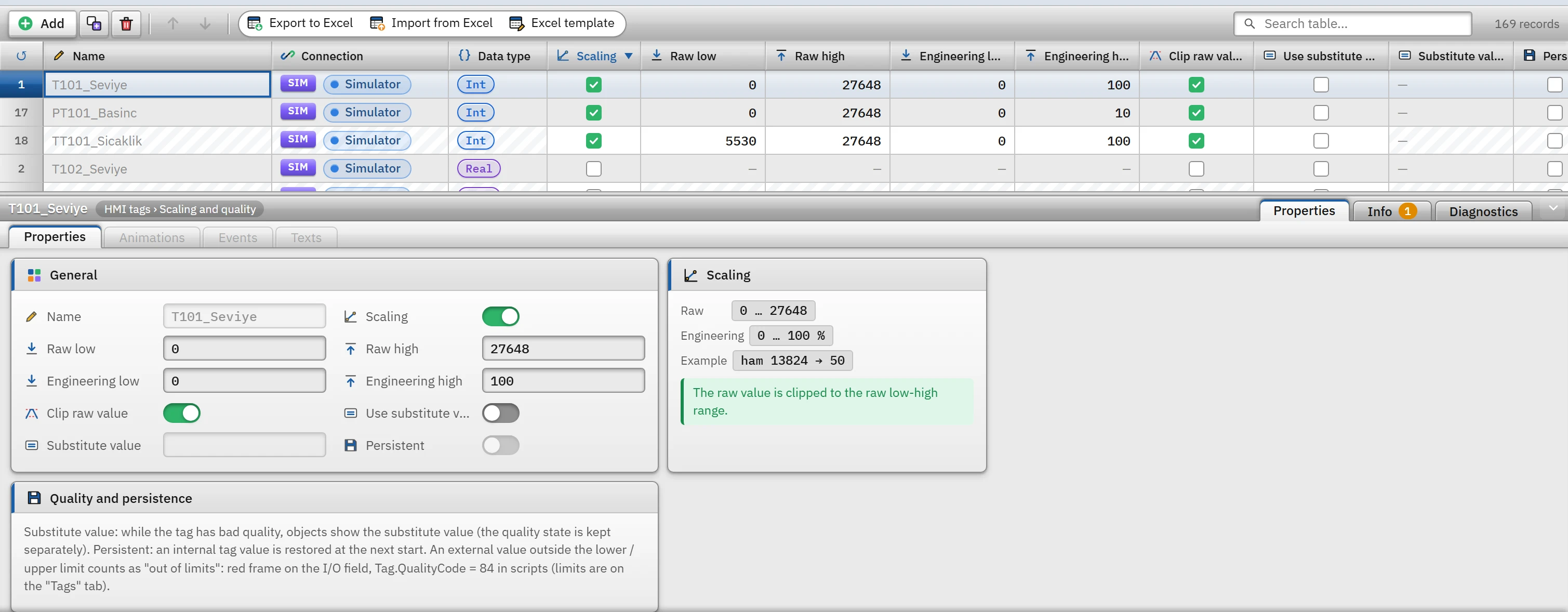 Scaling and Quality tab: each row is a tag on the Tags tab; the scaling summary of the selected tag appears in the Inspector.