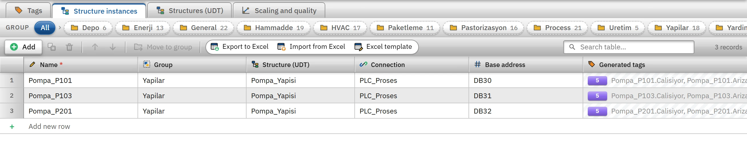 Structure instances tab: each instance is a device; the base address differs from instance to instance.