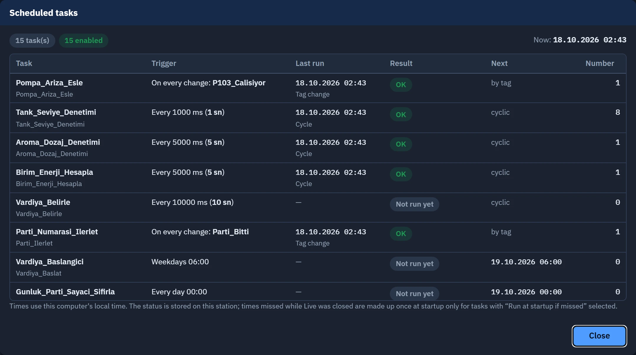 Scheduled tasks window in Live: last run, result and next scheduled time.