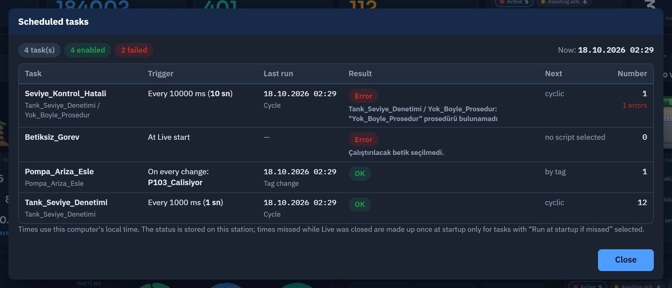 System menu › Tasks…: for a faulty task, the state, the error message and the error count are shown.
