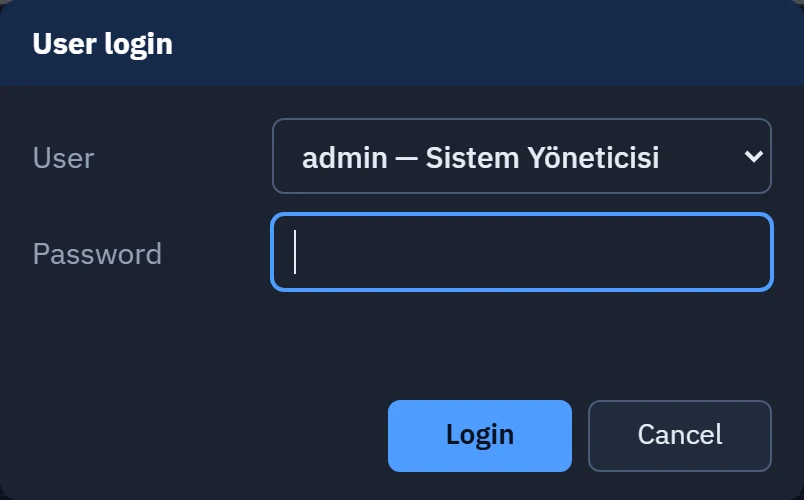User login window: the user is selected from the list and the password is typed.
