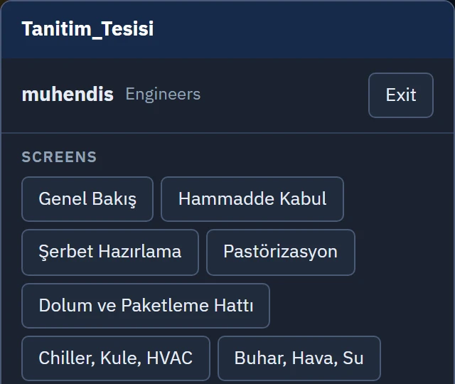 Top of the System menu: the logged-on user, the user's group and the Exit button; below it, the list of screens.