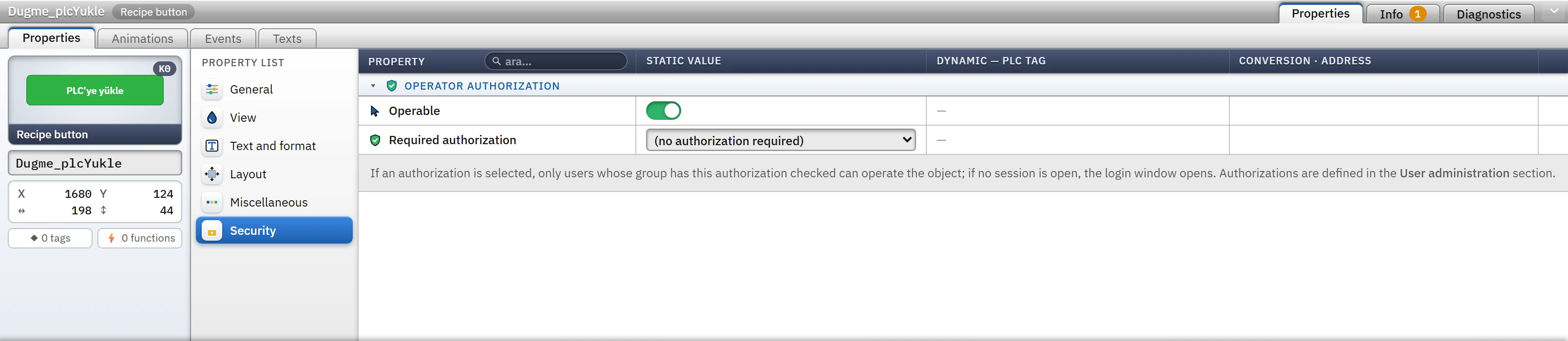 The Security category of the object properties: the Operable switch and the Required authorization list.