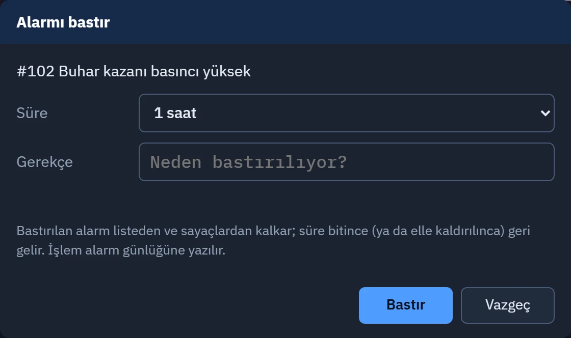 Alarmı bastır penceresi: süre ve gerekçe.