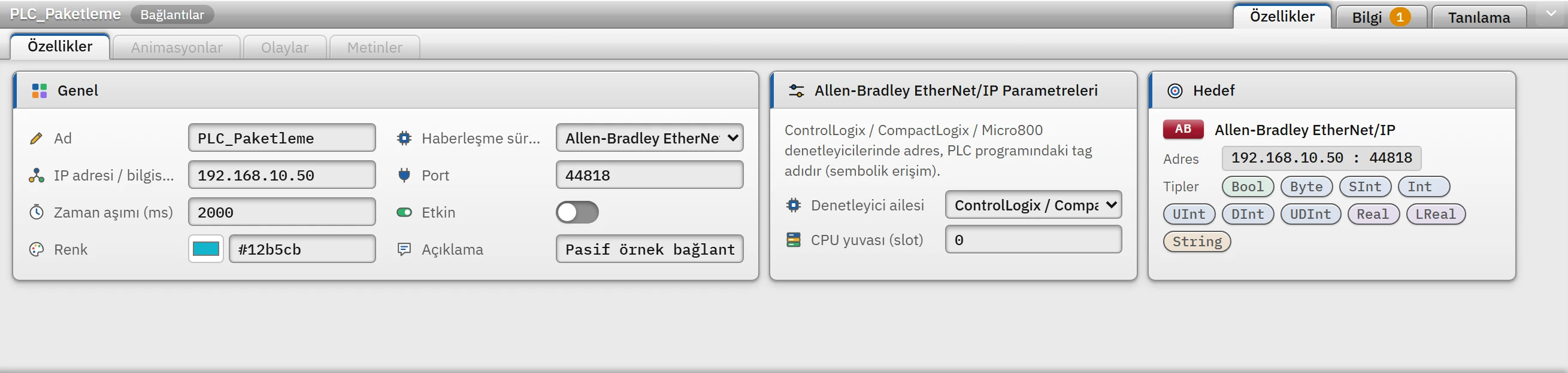 Allen-Bradley bağlantısının parametreleri: denetleyici ailesi ve CPU yuvası.