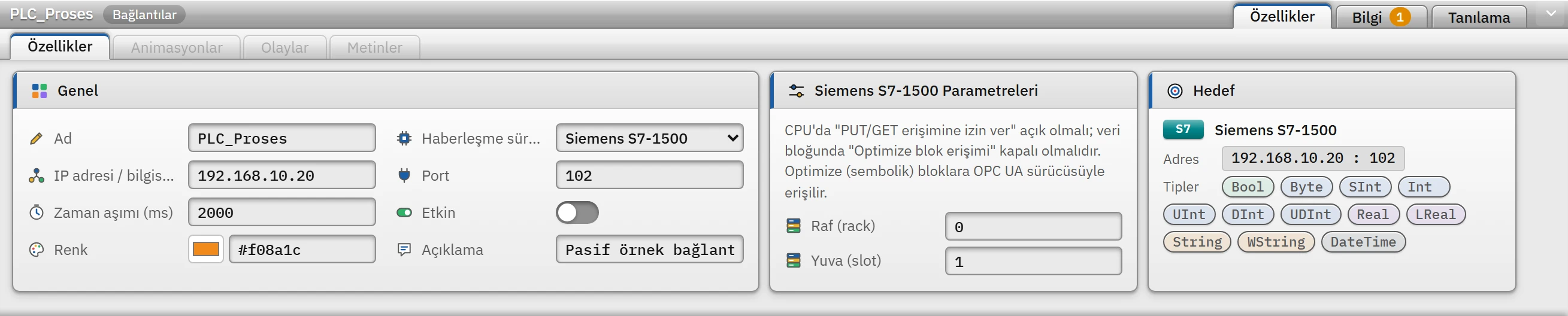 Seçili bağlantının Denetçi'deki parametre ve Hedef kartları.