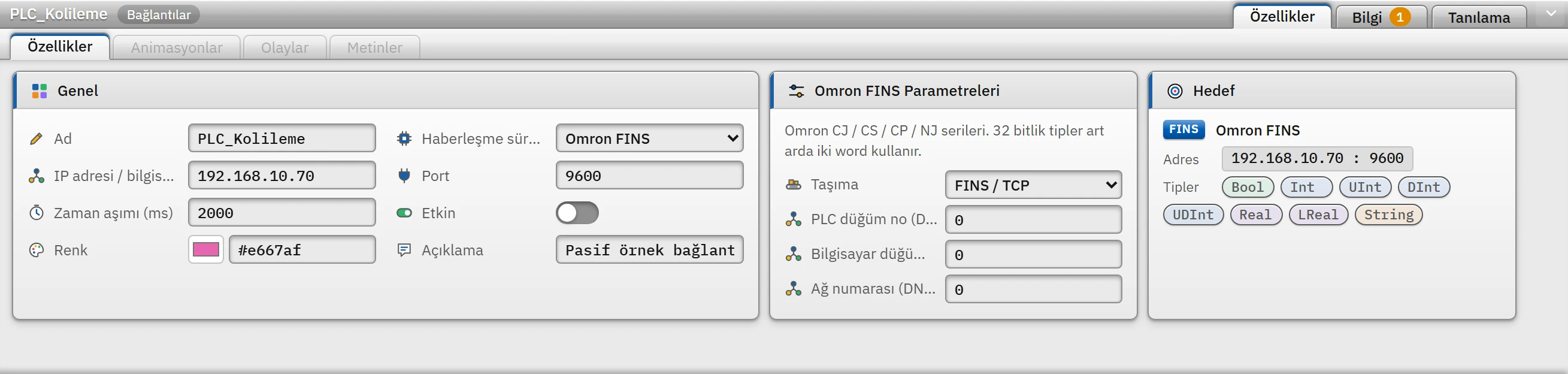 Omron FINS bağlantısının parametreleri: taşıma türü ve düğüm / ağ numaraları.