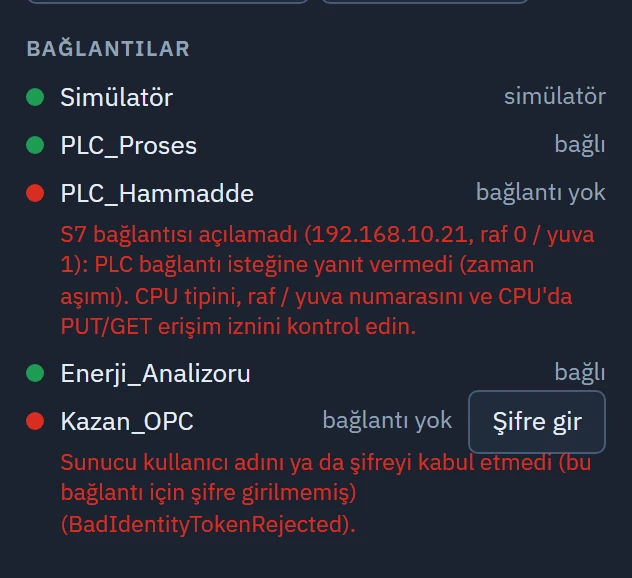 Live sistem menüsü: Bağlantılar bölümünde her bağlantının durumu, bağlantı yoksa hata iletisi ve şifre düğmesi.