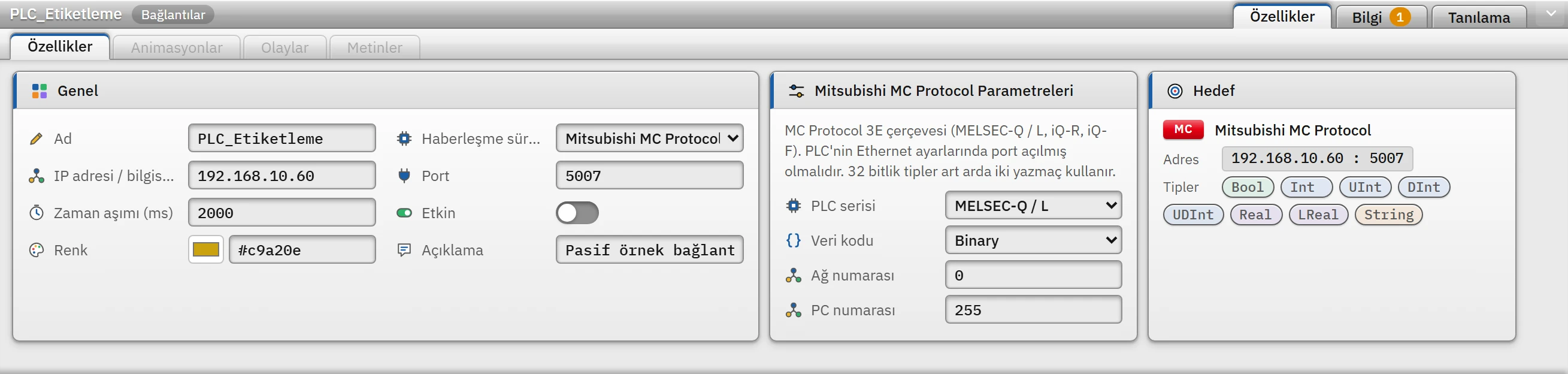 Mitsubishi MC bağlantısının parametreleri: PLC serisi, veri kodu, ağ ve PC numarası.