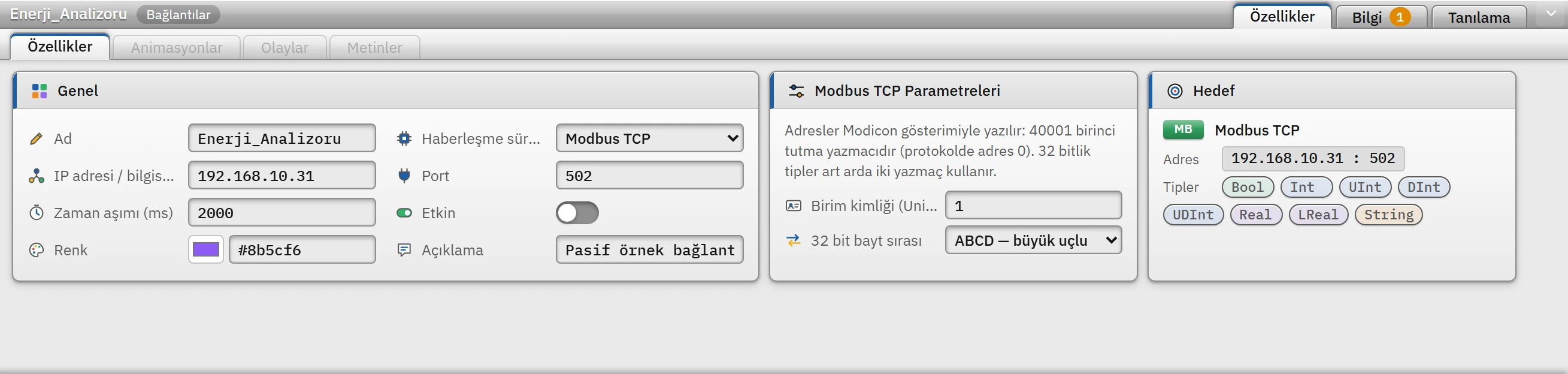 Modbus TCP bağlantısının parametreleri: birim kimliği ve 32 bit bayt sırası.
