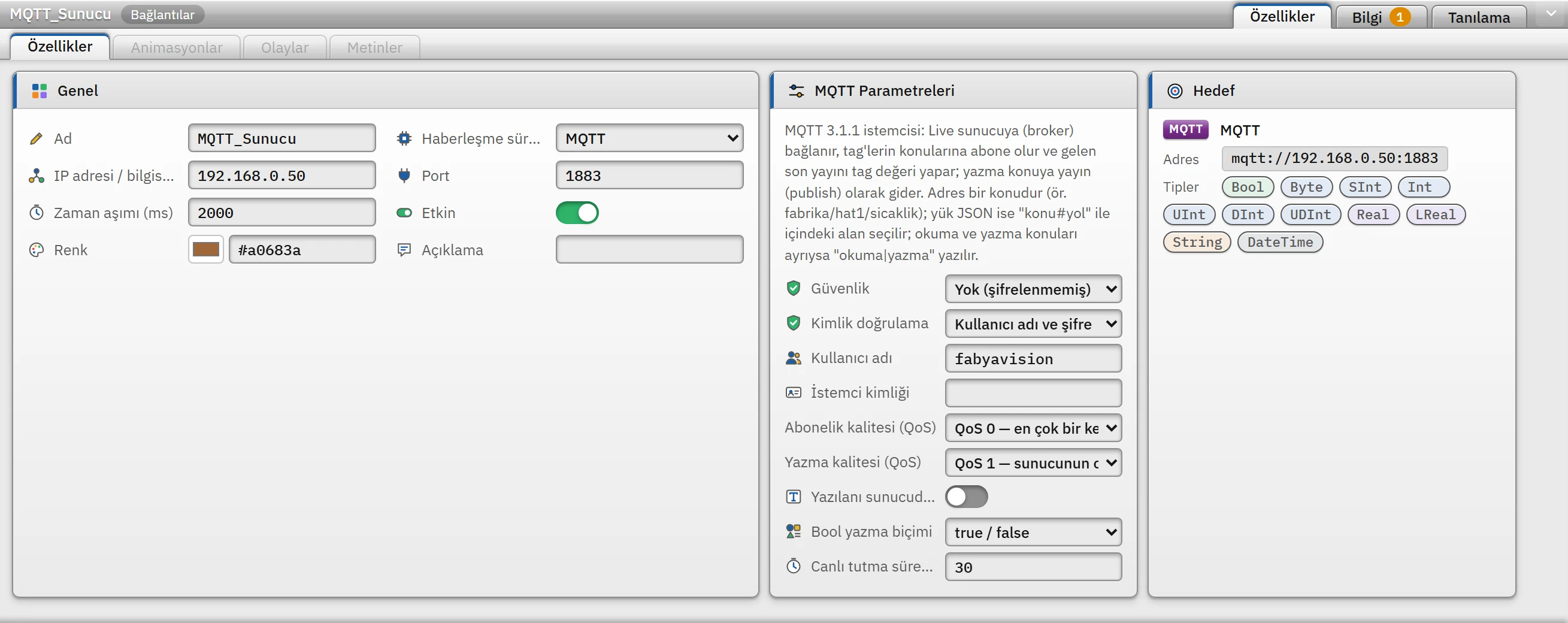 MQTT bağlantısının parametreleri; Hedef kartı mqtt:// ya da mqtts:// adresini gösterir.