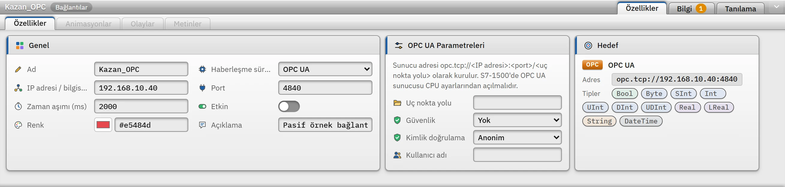 OPC UA bağlantısının parametre kartı: uç nokta yolu, güvenlik ve kimlik doğrulama; altta Hedef kartı tam adresi gösterir.