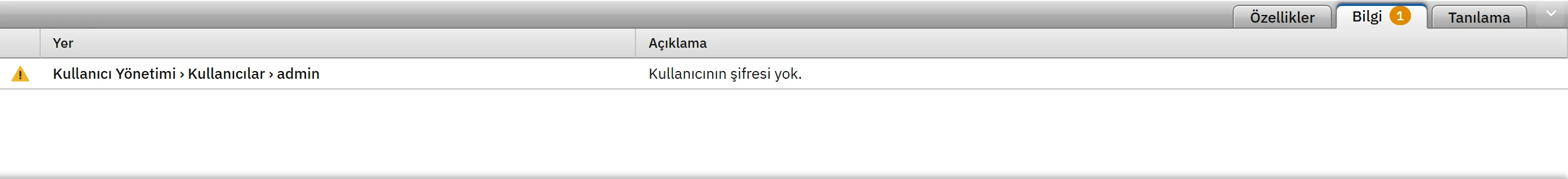 Bilgi sekmesi: yeni projede admin kullanıcısının şifresi olmadığı uyarısı.