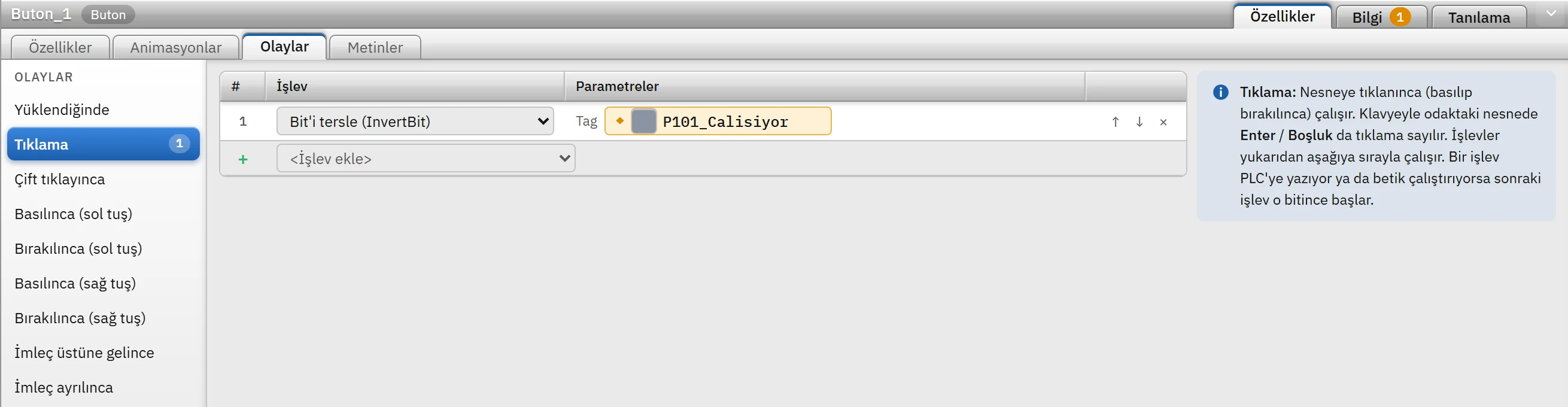 Tıklama olayı: P101_Calisiyor değerini tersler.