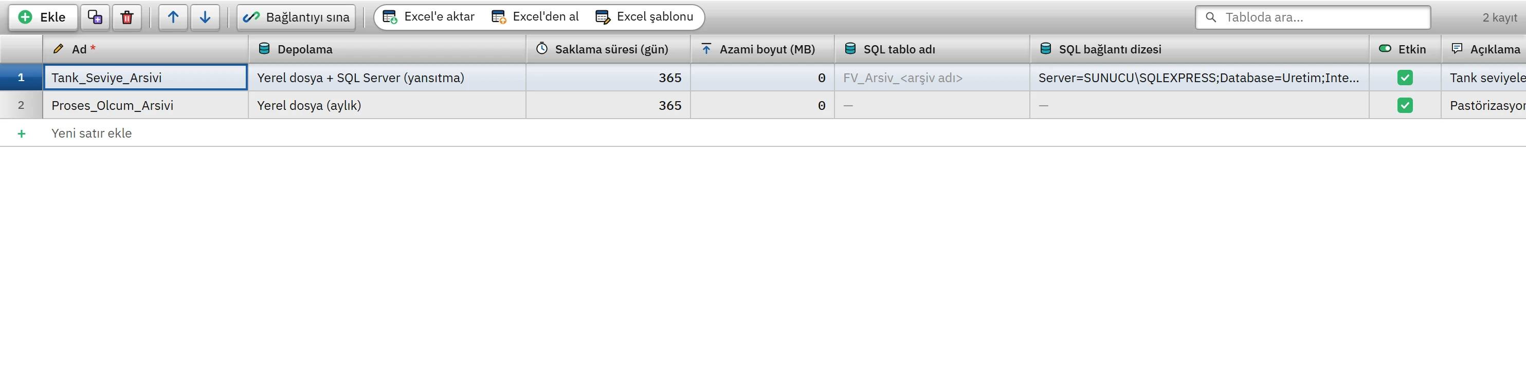 SQL Server yansıtma seçili arşiv: tablo adı ve bağlantı dizesi alanları açıldı; Bağlantıyı sına düğmesi araç çubuğunda.