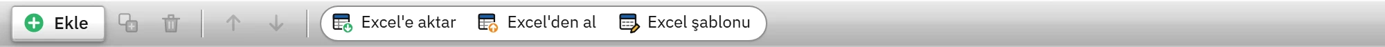 Tablo araç çubuğundaki Excel komutları.