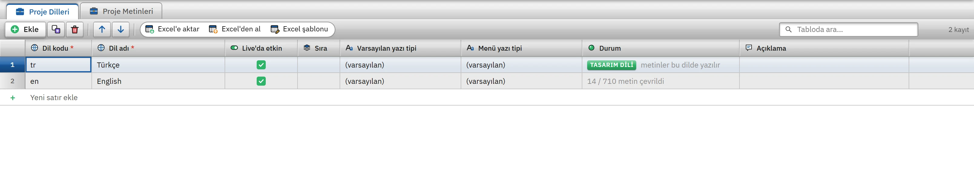 Proje Dilleri: tasarım dili ve bir ikinci dil. (İkinci dil bellekte eklenmiştir.)