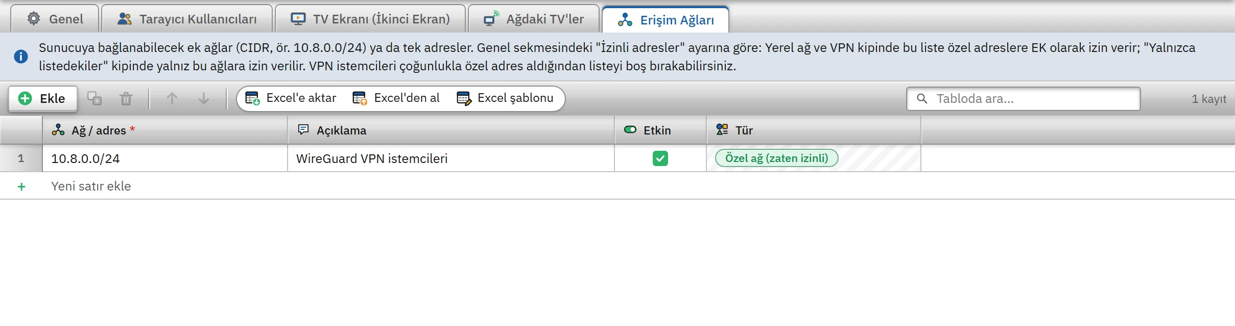 Erişim Ağları: izin verilen ek ağlar (CIDR) ya da tek adresler.
