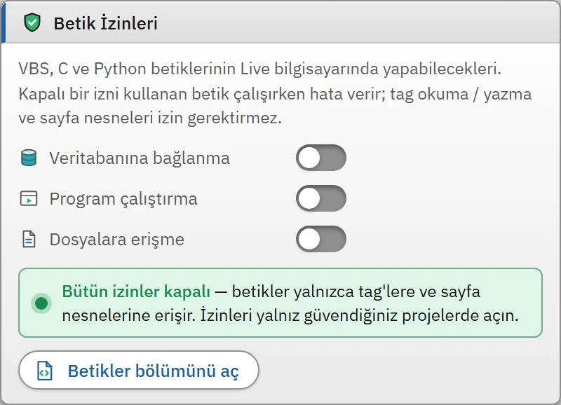 Betik İzinleri kartı: üç izin ve durum özeti.