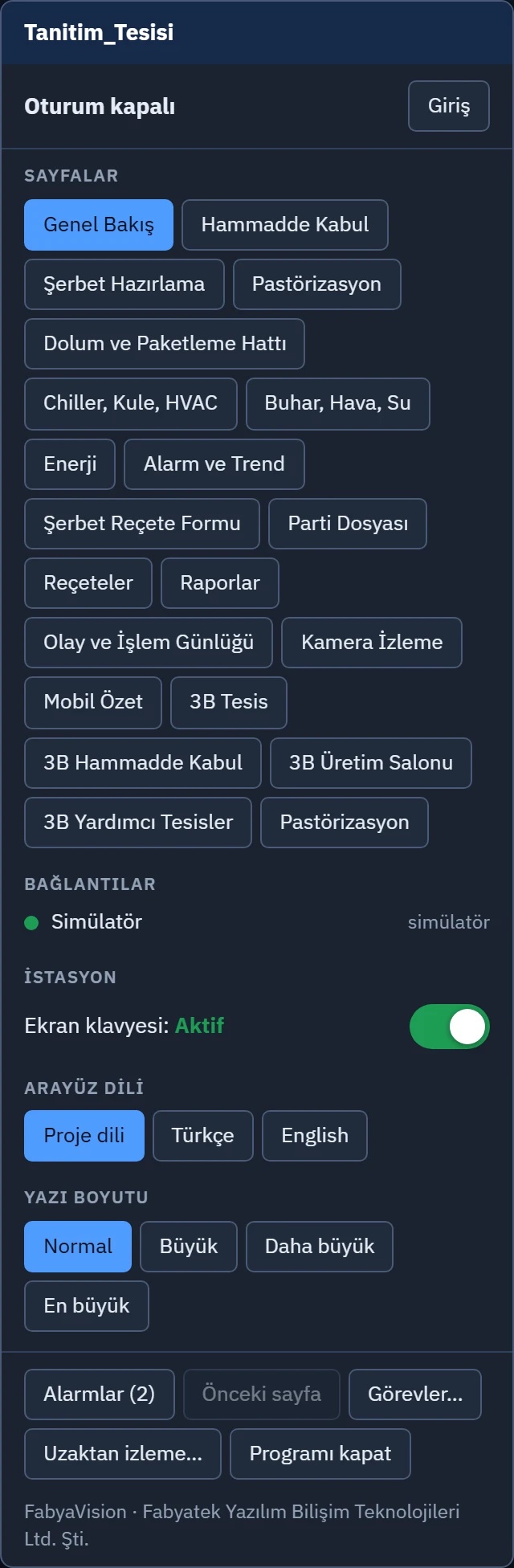 Sistem menüsü: kullanıcı, sayfalar, bağlantılar, dil, istasyon ayarları ve alt düğmeler.