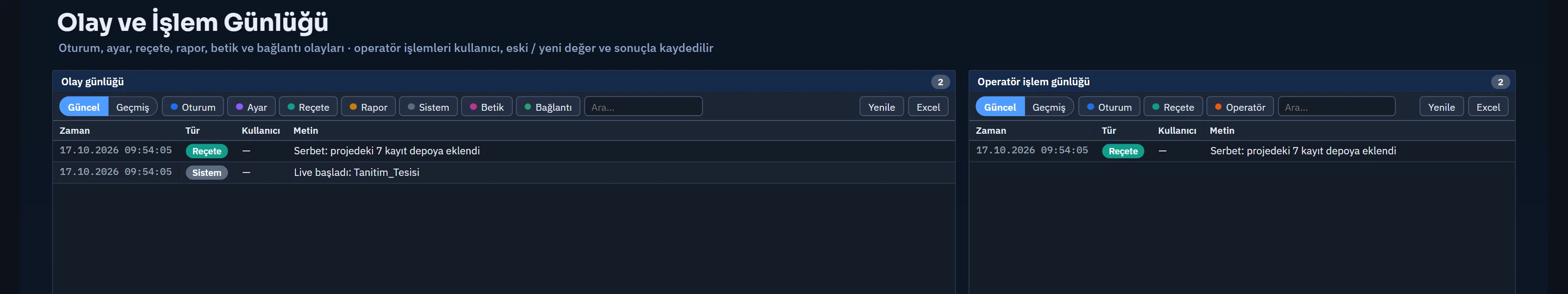 Live'da iki Olay Görünümü: soldaki tüm türleri, sağdaki yalnız Oturum, Reçete ve Operatör türlerini gösterir.