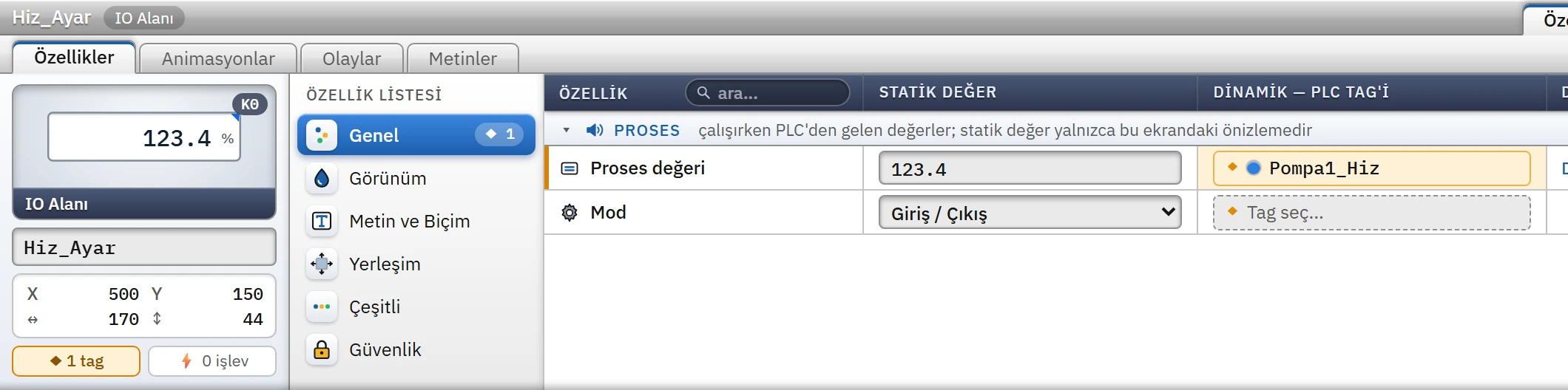Bir IO Alanı'nın Denetçi'si: sınıf listesi, statik değer ve dinamik tag sütunları.