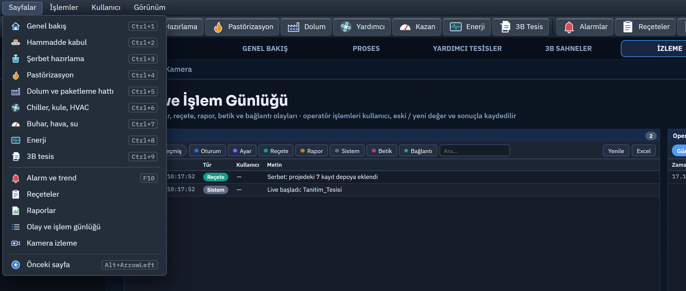 Live'da Operator yapılandırması: koyu görünüm, üstte menü çubuğu ve ikonlu gezinti çubuğu; Sayfalar menüsü açık.