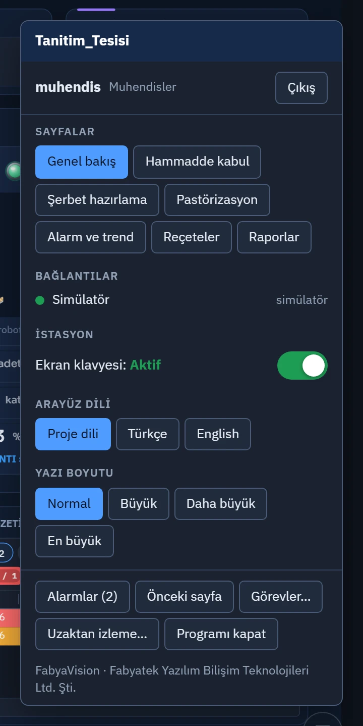 Muhendisler grubundan bir kullanıcı oturum açınca aynı liste Reçeteler ve Raporlar'ı da içerir.