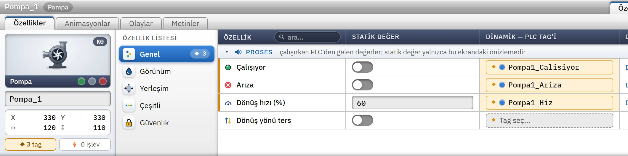 Pompa_1'in üç özelliği tag'e bağlı: Çalışıyor, Arıza, Dönüş hızı (%).