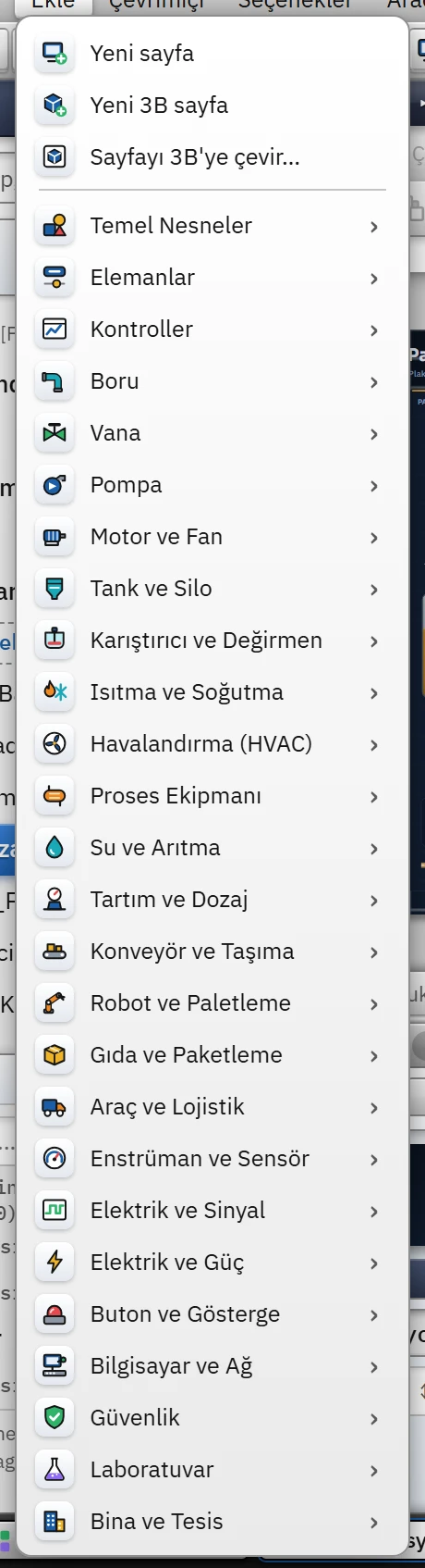 Ekle menüsü: sayfa komutları ve nesne grupları.