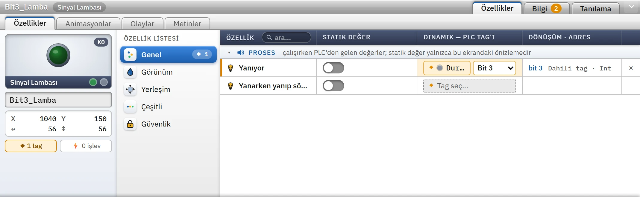 Sinyal lambasının Yanıyor özelliği Durum_Kelimesi tag'inin 3. bitine bağlı.