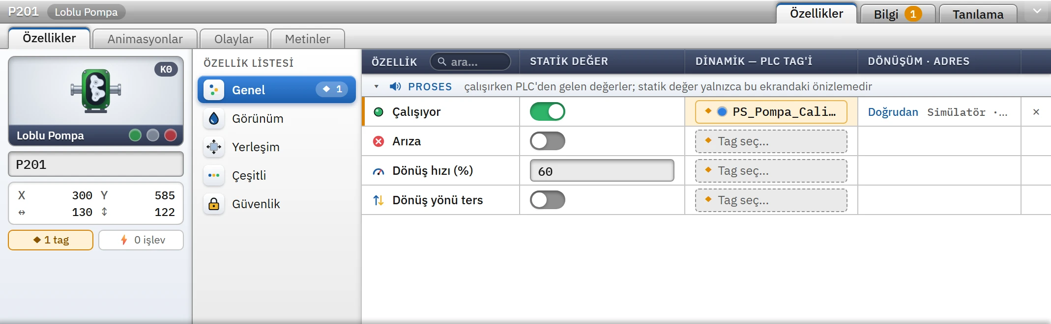 Pompanın Çalışıyor özelliği PS_Pompa_Calisiyor tag'ine bağlı.
