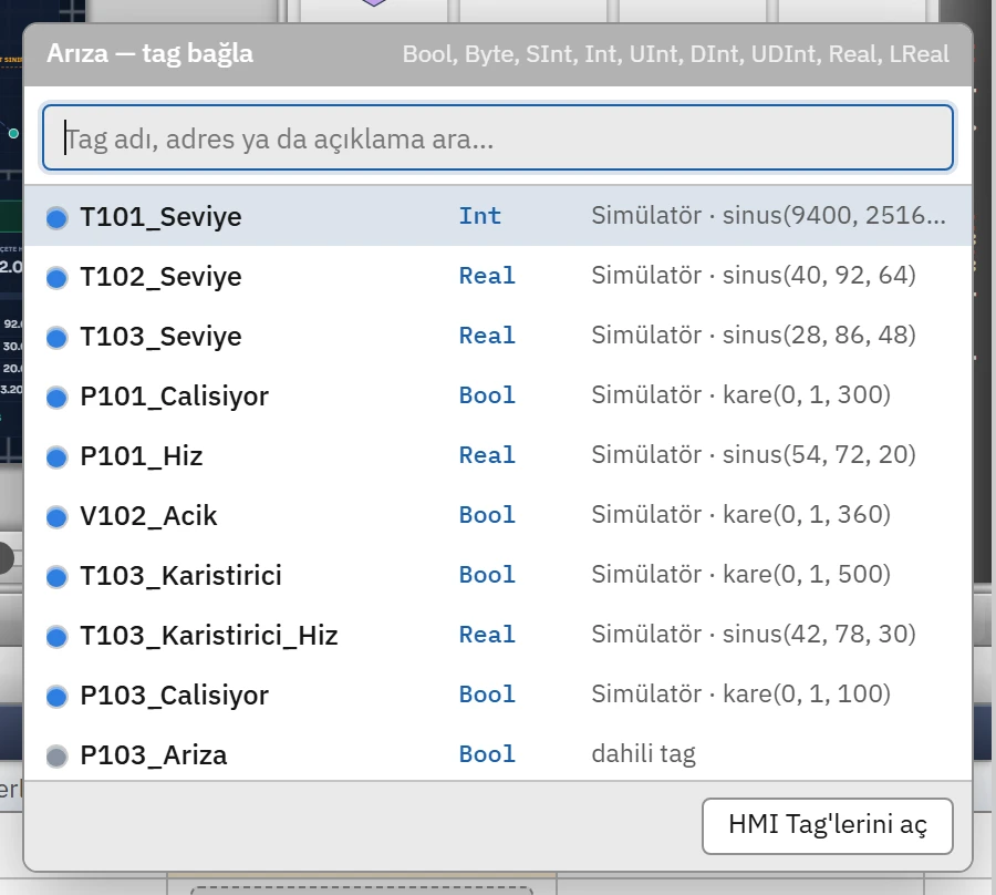 Tag seçme penceresi.