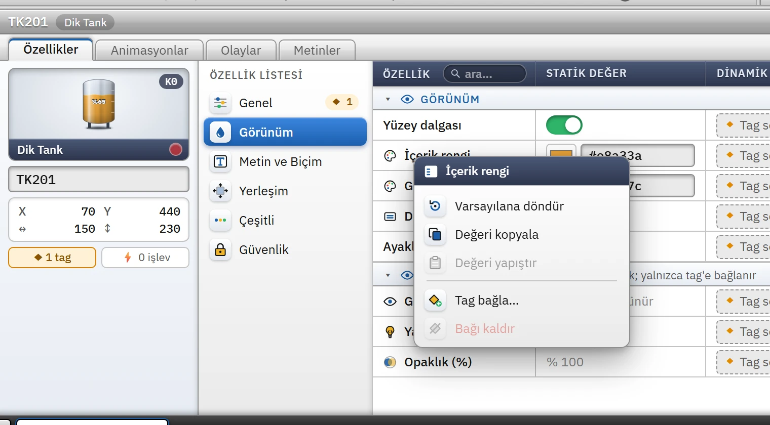 Özellik satırının sağ tık menüsü.