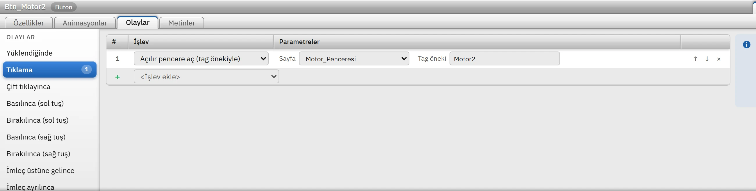 Düğme Motor_Penceresi sayfasını Motor2 önekiyle açar.