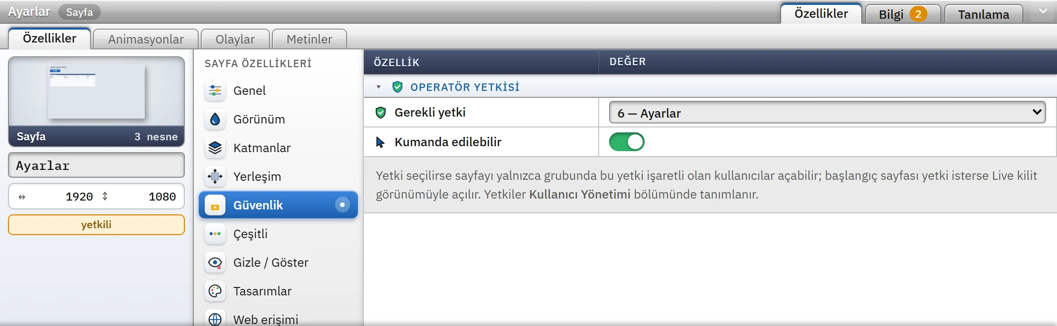 Güvenlik sınıfı: sayfa Ayarlar yetkisi ister.