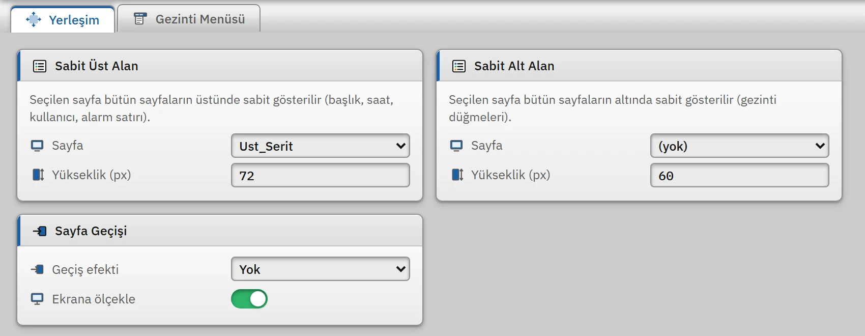 Sayfa Yönetimi bölümünün Yerleşim sekmesi.