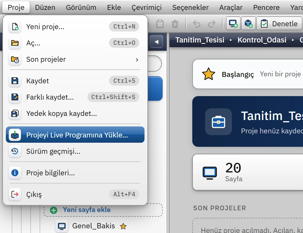 Proje menüsünde yükleme ve sürüm geçmişi komutları.