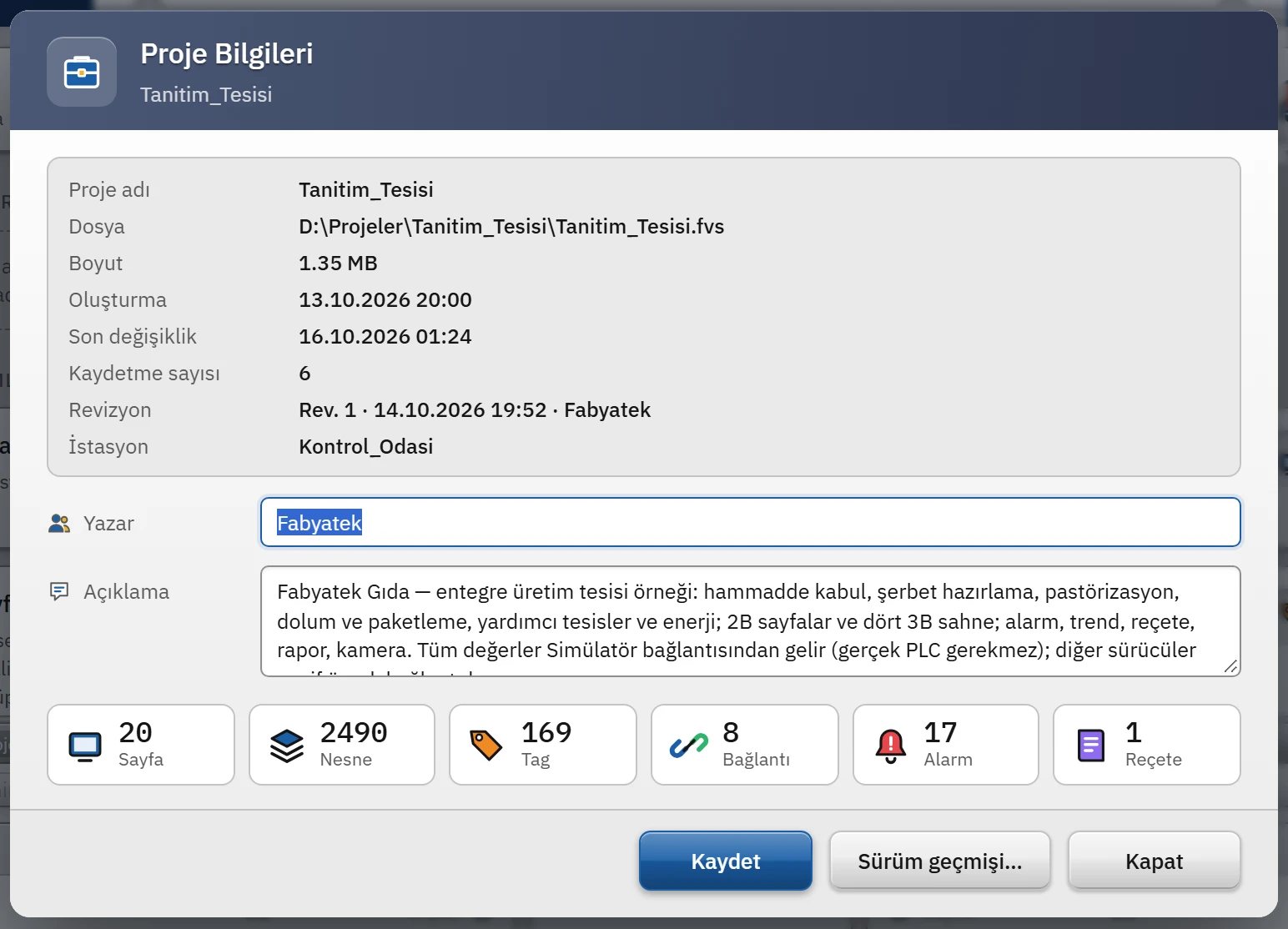 Proje Bilgileri penceresi.