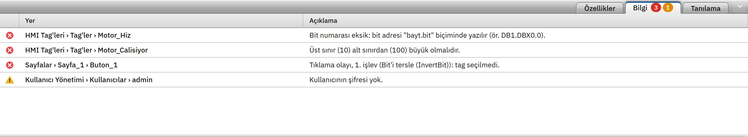 Bilgi sekmesi: üç hata ve bir uyarı.