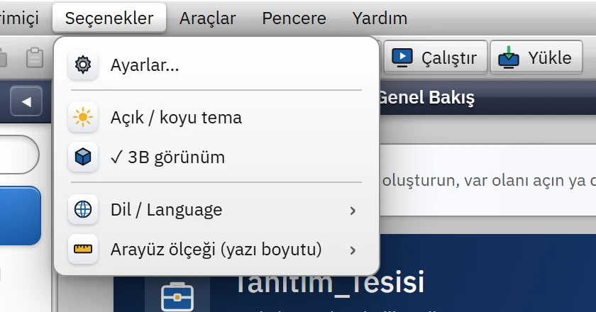 Seçenekler menüsü: ayarlar, tema, 3B görünüm, dil ve ölçek.