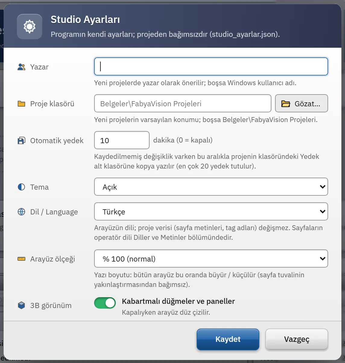 Studio Ayarları penceresi.