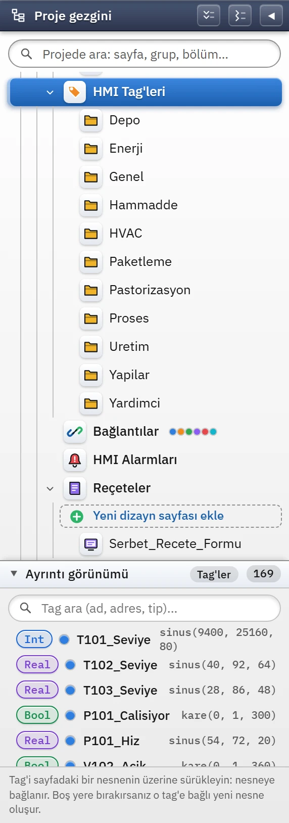 HMI Tag'leri altındaki gruplar: Proses, Paketleme, HVAC …